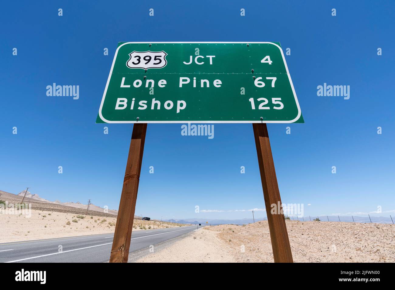 Route 395 highway sign to Lone Pine and Bishop in Southern California. Stock Photo