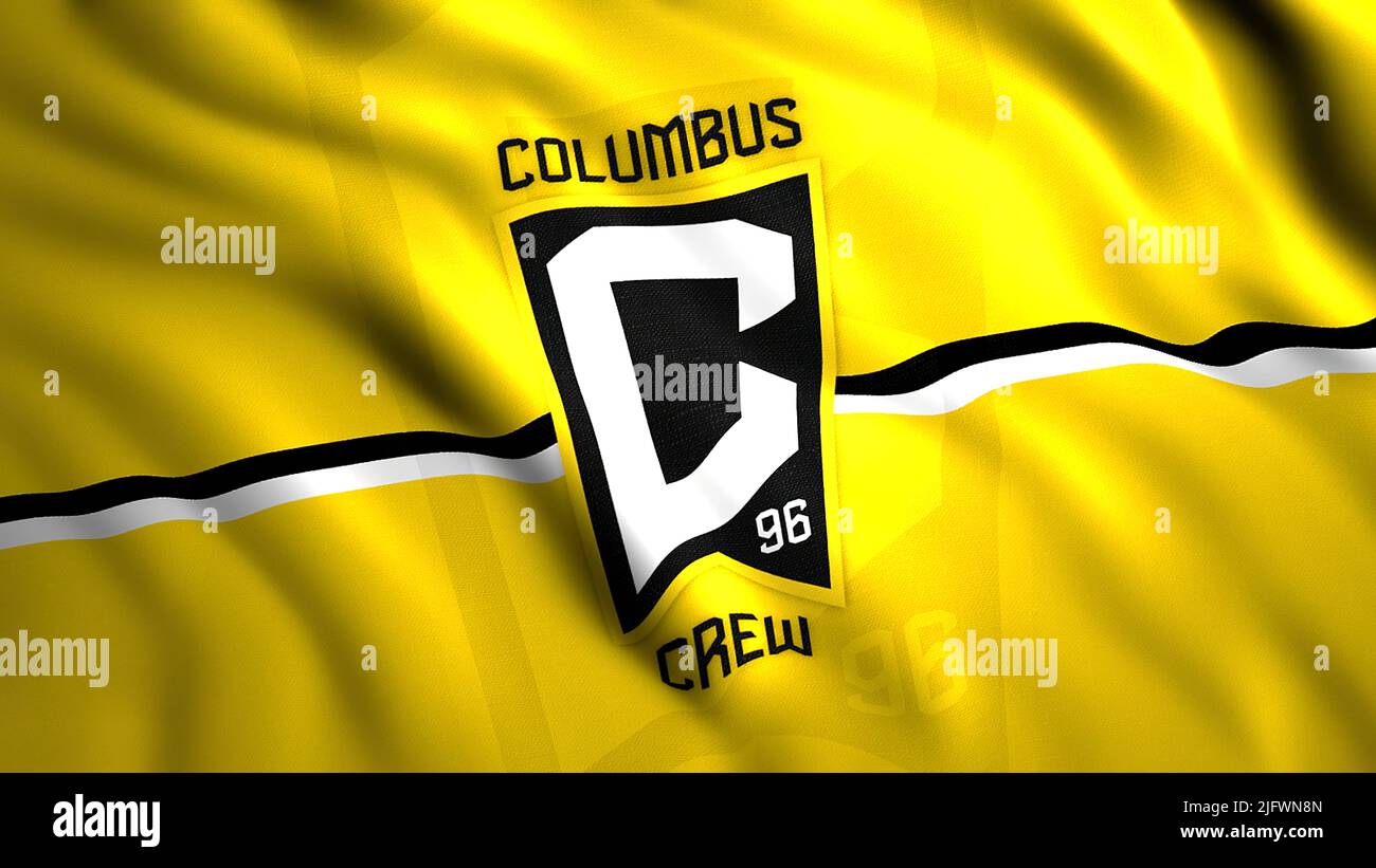 The emblem of Columbus Crew FC. Motion . Logotype on a yellow background is an American football club from Columbus, Ohio, playing in MLS, the major s Stock Photo