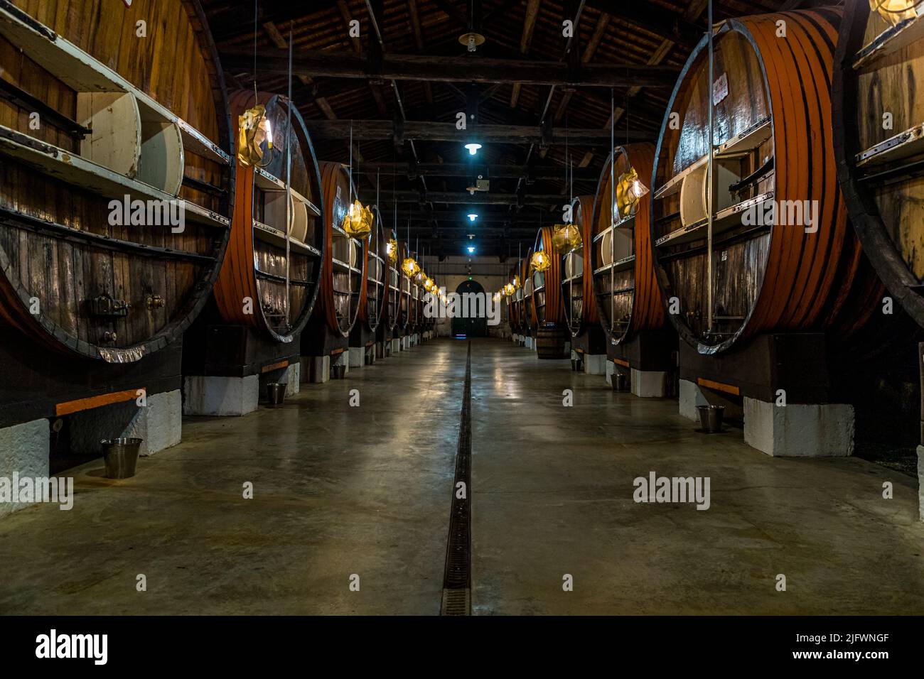Noilly Prat head office in Marseillan, France. Here, in oak barrels with a capacity of 30,000 to 40,000 liters for 12 months each, Chai des MIstelles, grape must with alcohol from sugar beets spritted and set at 14 to 22% alcohol. This sweet reserve from the muscatel grape is an ingredient in the vermouth of Noilly Prat Stock Photo