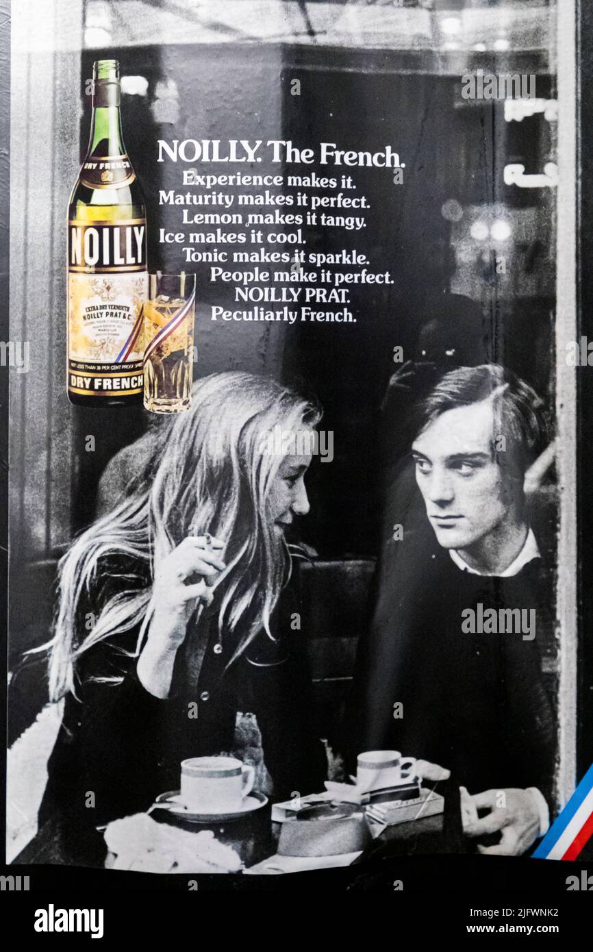 Advertisement for Noilly Prat Extra Dry. The classic ingredient for a Dry Martini. No matter what the mixing ratio is, in a martini should always contain Noilly Prat from France. Stock Photo