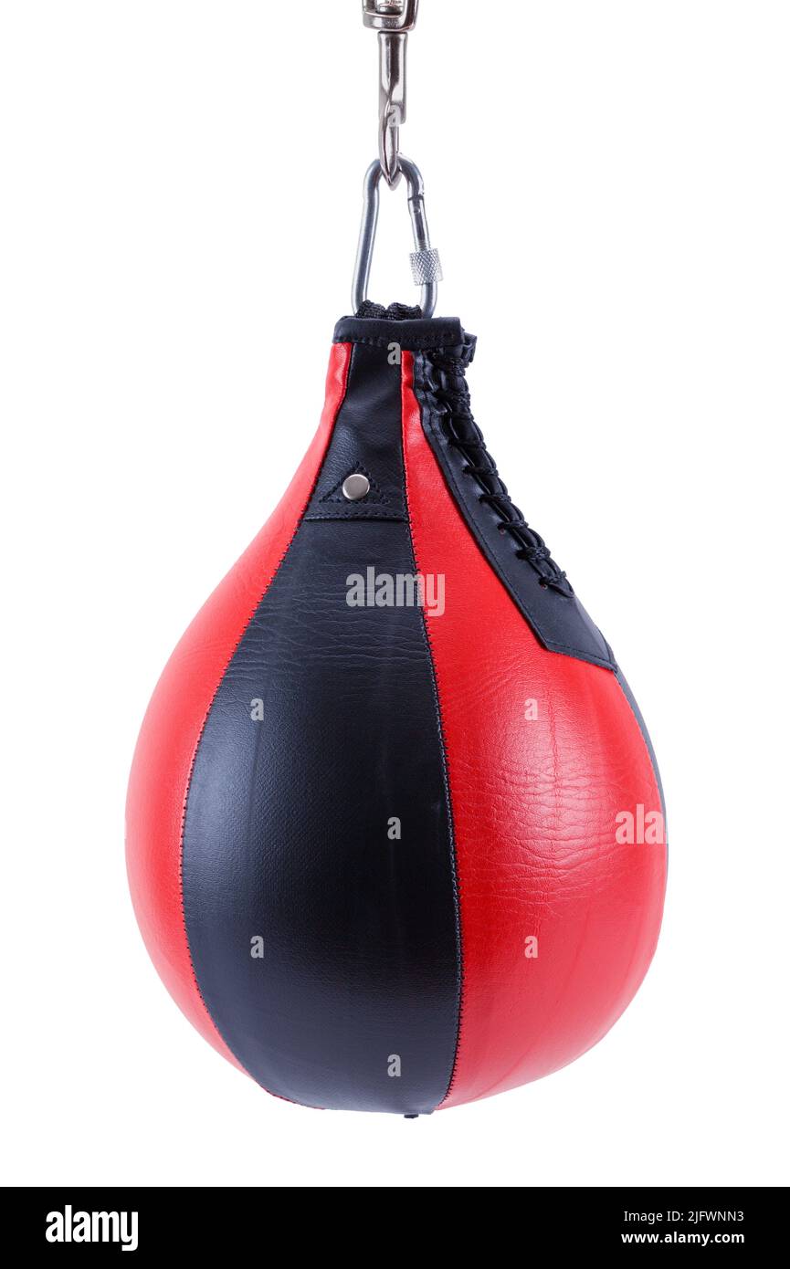Hanging Leather Punching Bag Cut Out on White. Stock Photo