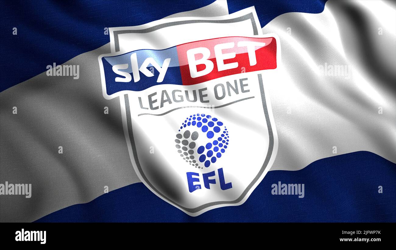 Abstract colorful flag of the English Football League One waving background. Motion. Fabric of the Sky Bet League One flag. For editorial use only Stock Photo