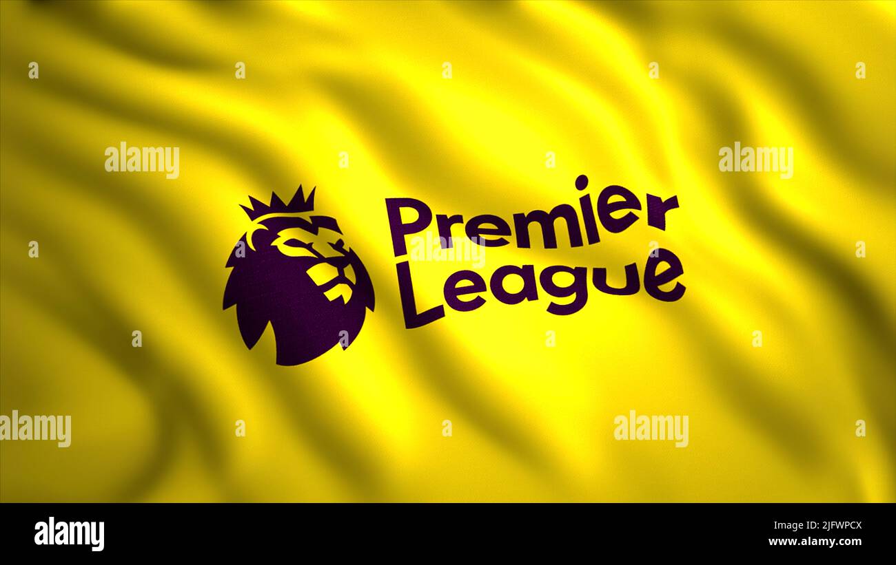 English Premier League EPL logo waving flag. Motion. Yellow flag with purple lion and crown. For editorial use only Stock Photo