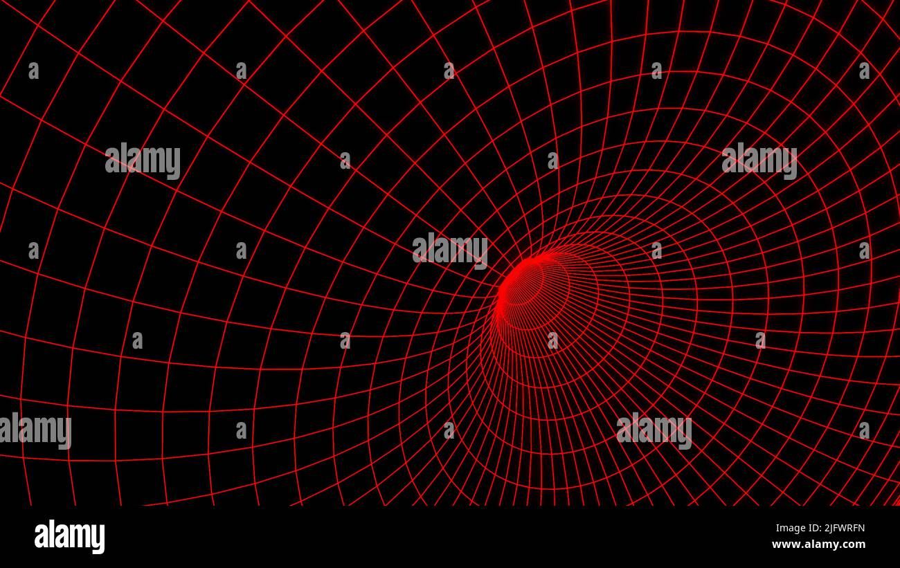 Black background.Design.The white and red grid creates a tunnel in ...