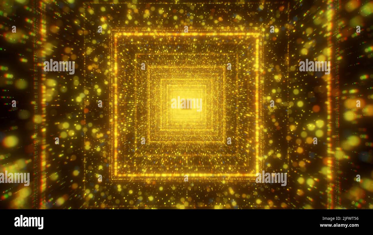 Yellow background. Motion. Various flying shiny particles in abstraction and huge squares that move forward along the background like an endless path. Stock Photo