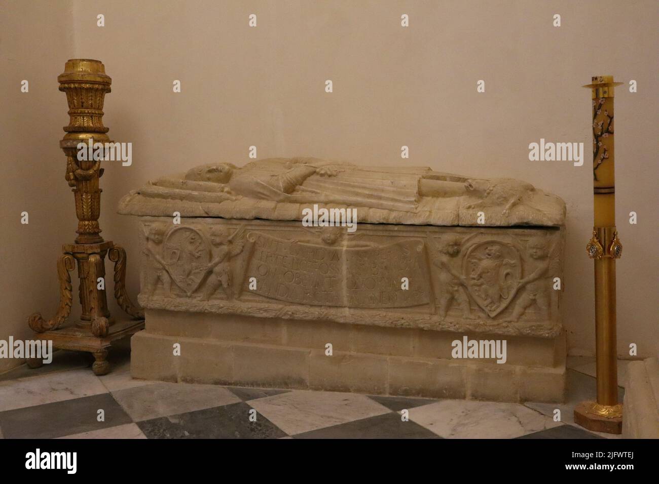 Agrigento, Sicily (Italy): detail view of the marble sarcophagus inside of the Cathedral of San Gerlando Stock Photo