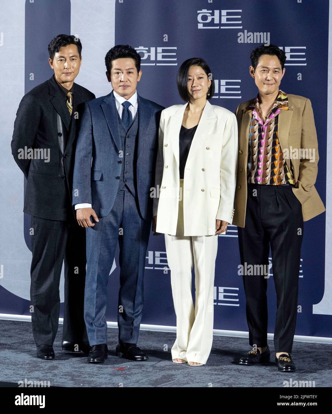 Seoul, South Korea. 5th July, 2022. (L to R) South Korean actors Jung Woo-sung, Heo Sung-tae, actress Jeon Hye-jin, actor and director Lee Jung-jae, pose for photos during a press conference to promote their latest movie 'Hunt' in Seoul, South Korea on July 5, 2022. The movie is to be released in the country on Aug 10. (Photo by: Lee Young-ho/Sipa USA) Credit: Sipa USA/Alamy Live News Stock Photo