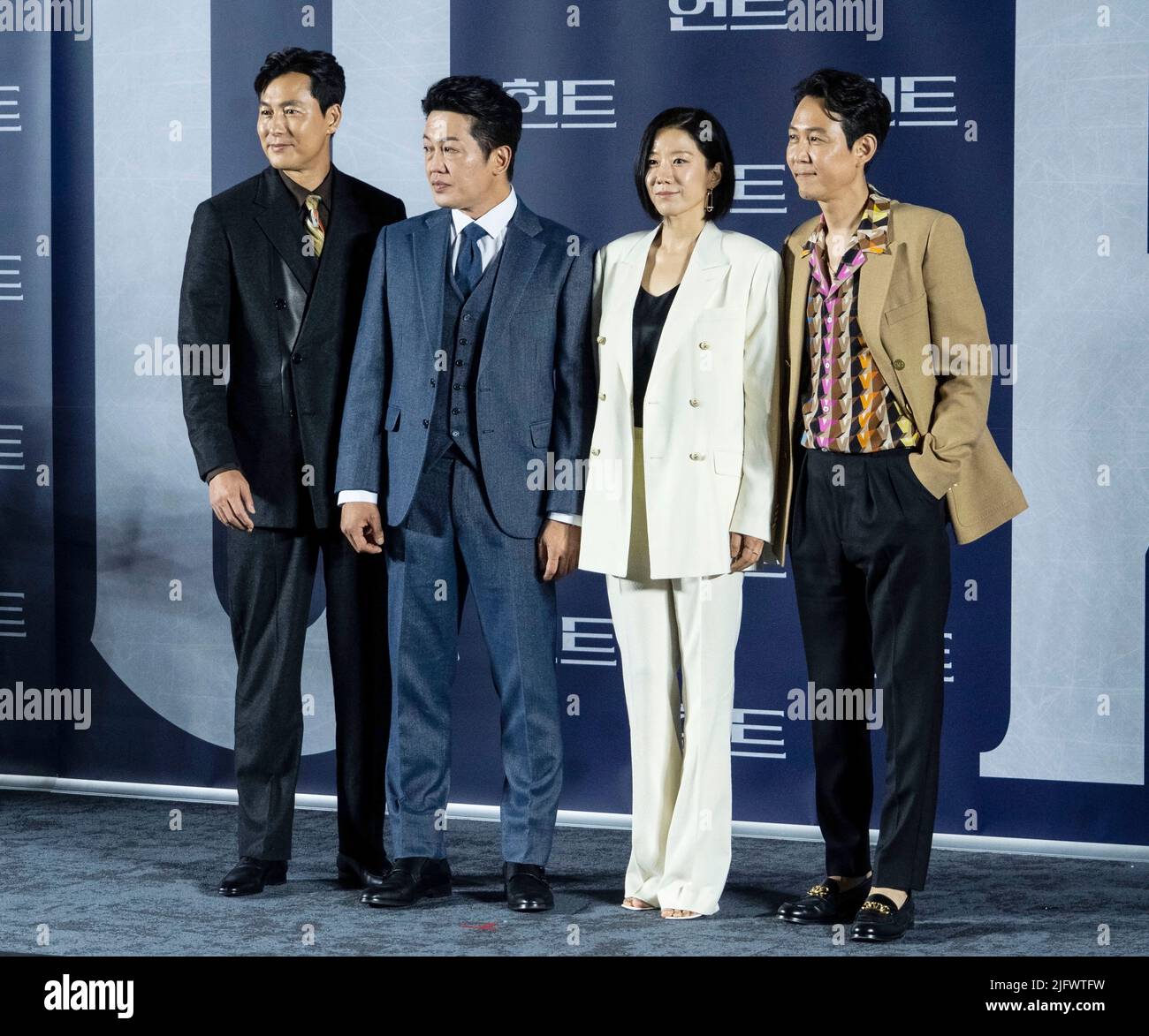 Seoul, South Korea. 5th July, 2022. (L to R) South Korean actors Jung Woo-sung, Heo Sung-tae, actress Jeon Hye-jin, actor and director Lee Jung-jae, pose for photos during a press conference to promote their latest movie 'Hunt' in Seoul, South Korea on July 5, 2022. The movie is to be released in the country on Aug 10. (Photo by: Lee Young-ho/Sipa USA) Credit: Sipa USA/Alamy Live News Stock Photo