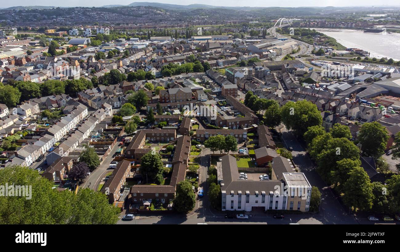 An aerial view of Pillgwenlly (Pill) in Newport. Stock Photo