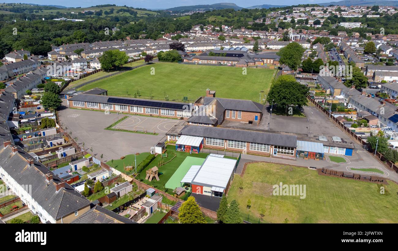 An aerial view of the Maesglas Primary School at in Maesglas housing estate in Newport, Wales, UK. Stock Photo
