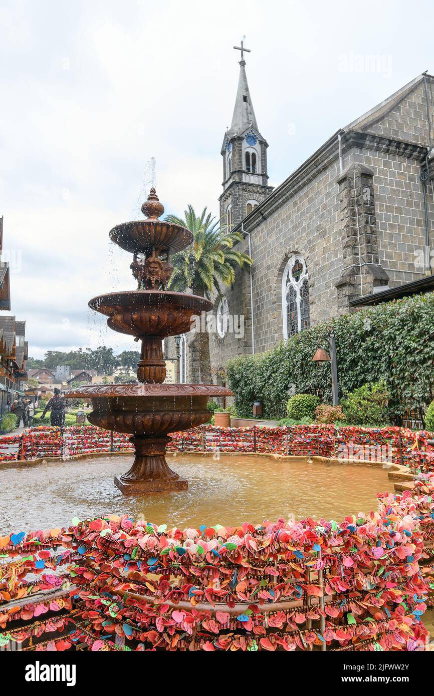 Gramado, RS, Brazil - May 17, 2022: Fonte do Amor Eterno, the Fountain of the Eternal Love, with in love couples padlocks around it. Stock Photo