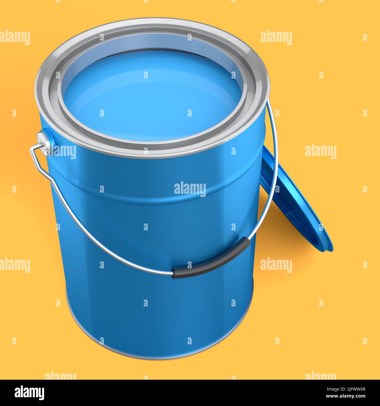 Open metal can or buckets of paint with handle on yellow background. 3d