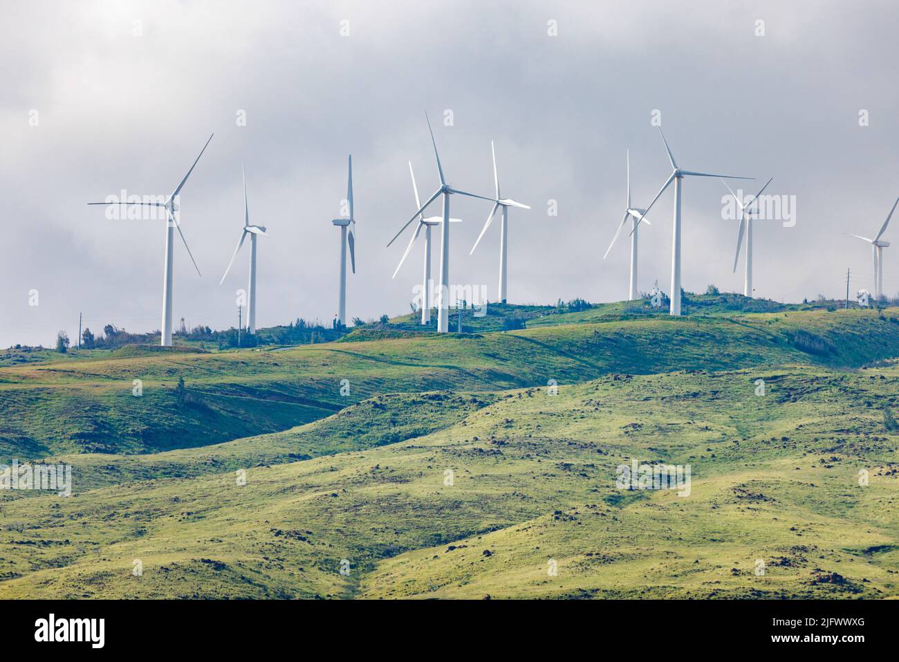 The largest wind farm in the state became operational in 2006 on the West Maui Mountains, Hawaii. Stock Photo