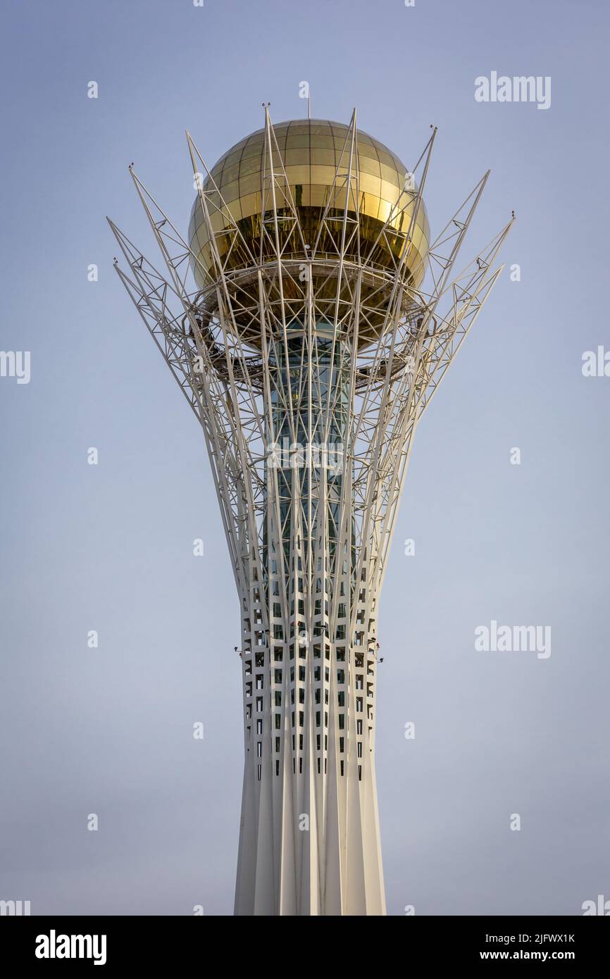 Nur Sultan (Astana), Kazakhstan, 11.11.21. Baiterek (Bayterek) Tower top, national landmark of Nur Sultan with golden sphere symbolizing golden egg, v Stock Photo