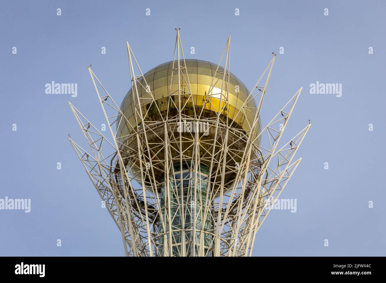 Nur Sultan (Astana), Kazakhstan, 11.11.21. Baiterek (Bayterek) Tower top, national landmark of Nur Sultan with golden sphere symbolizing golden egg ag Stock Photo