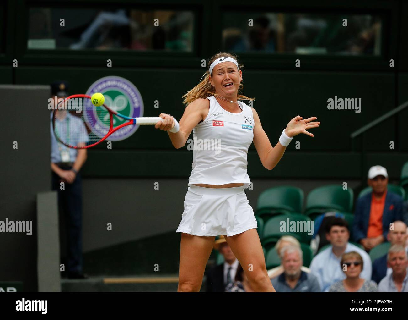 5th July 2022, All England Lawn Tennis and Croquet Club, London, England; Wimbledon Tennis tournament; Marie Bouzkova (CZE) plays a forehand to Ons Jabeur (TUN) Credit Action Plus Sports Images/Alamy Live News