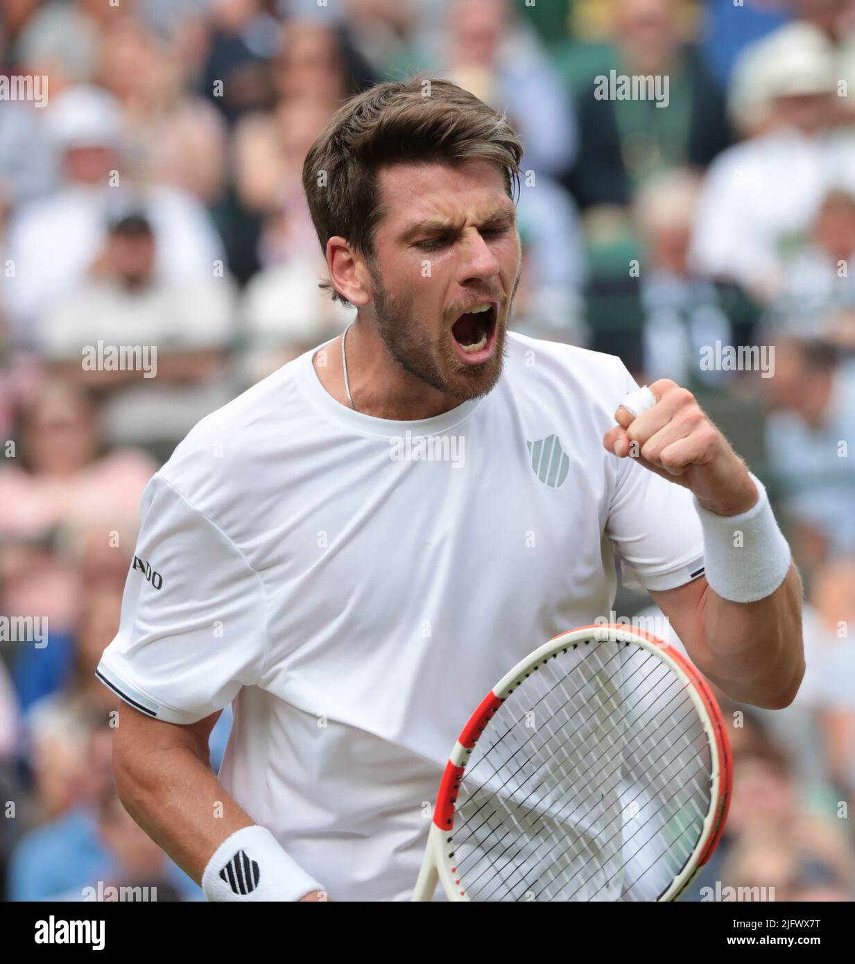 London, UK. 05th July, 2022. Great Britain's Cameron Norrie celebrates during his Quarter-Final match against Belgian David Goffin on day nine of the 2022 Wimbledon championships in London onTuesday, July 05, 2022. Norrie won the match 3-6, 7-5, 2-6, 6-3, 7-5. Photo by Hugo Philpott/UPI Credit: UPI/Alamy Live News Stock Photo