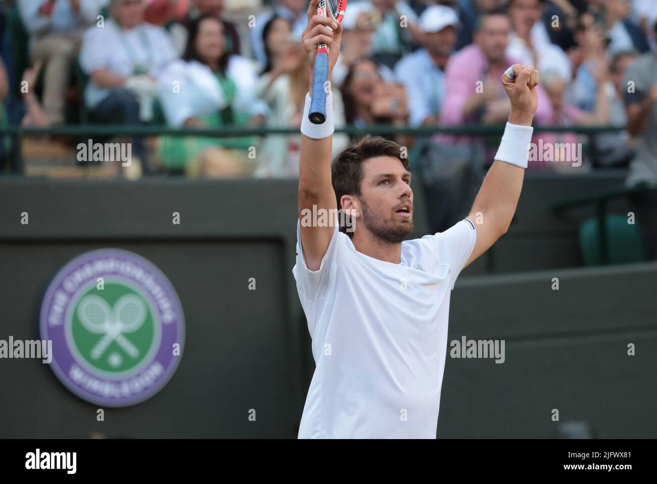 London, UK. 05th July, 2022. Great Britain's Cameron Norrie celebrates during in his Quarter-Final match against Belgian David Goffin on day nine of the 2022 Wimbledon championships in London onTuesday, July 05, 2022. Norrie won the match 3-6, 7-5, 2-6, 6-3, 7-5. Photo by Hugo Philpott/UPI Credit: UPI/Alamy Live News Stock Photo