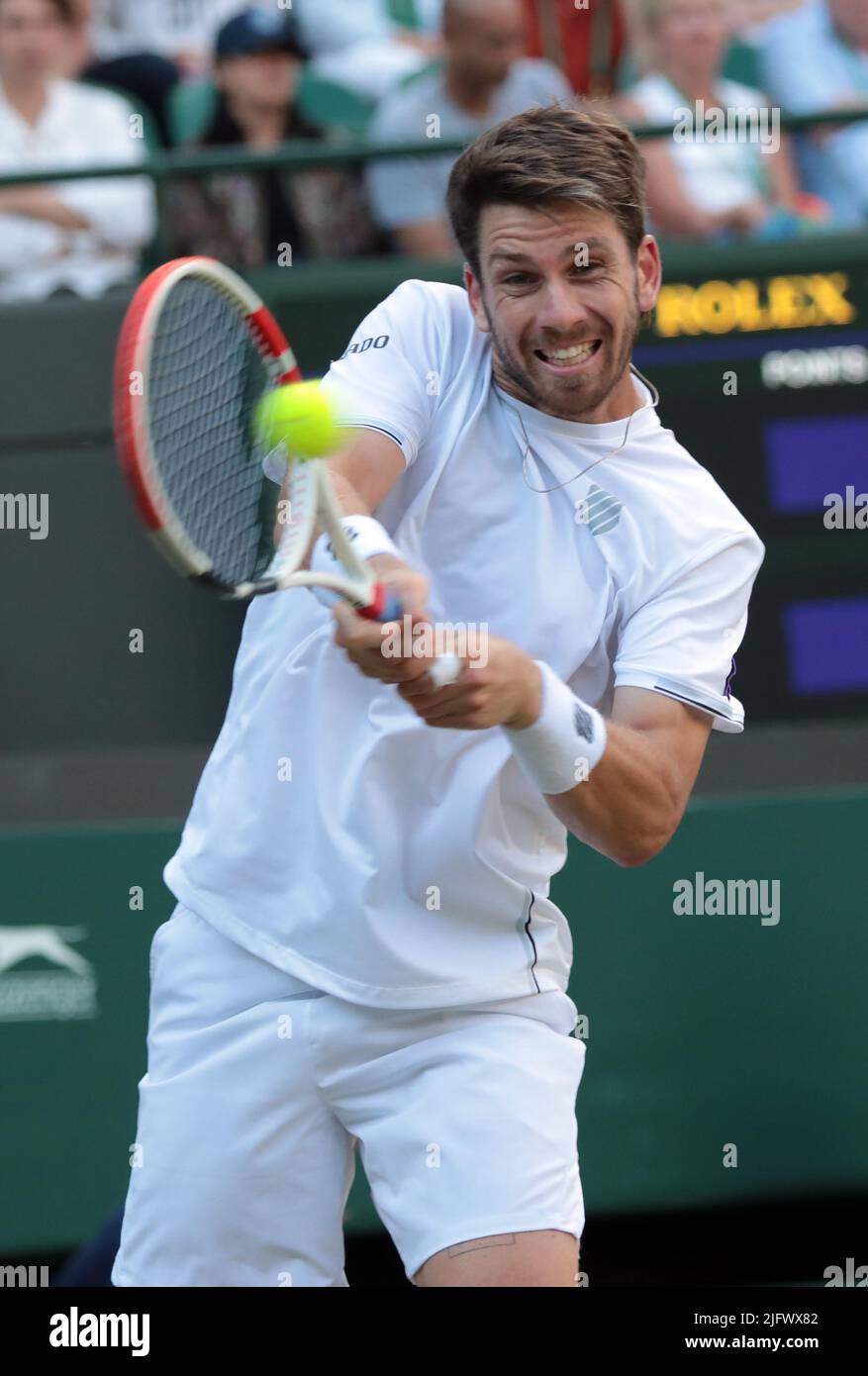 London, UK. 05th July, 2022. Great Britain's Cameron Norrie in action during his Quarter-Final match against Belgian David Goffin on day nine of the 2022 Wimbledon championships in London onTuesday, July 05, 2022. Norrie won the match 3-6, 7-5, 2-6, 6-3, 7-5. Photo by Hugo Philpott/UPI Credit: UPI/Alamy Live News Stock Photo