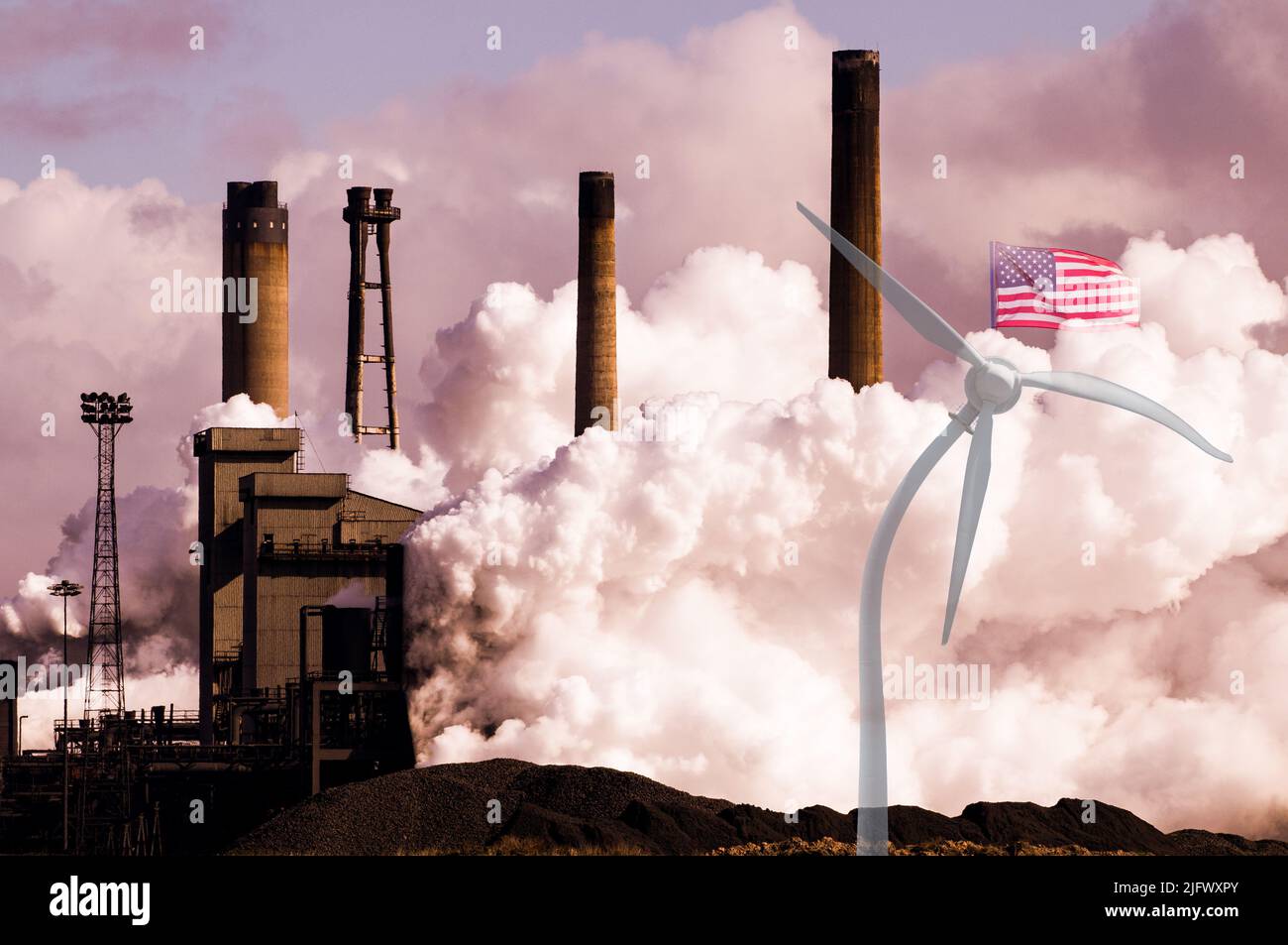 Smoke from steel works with USA flag and bent wind turbine. Global warming, climate change, net zero, emissions, air pollution... concept Stock Photo