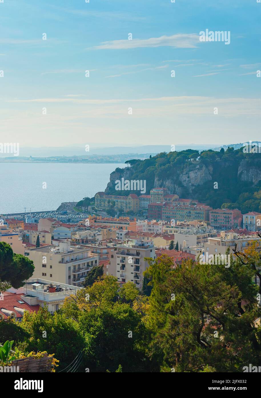 Sanremo aerial cityscape, mediterranean seaside resort in sunshine, Italy Stock Photo