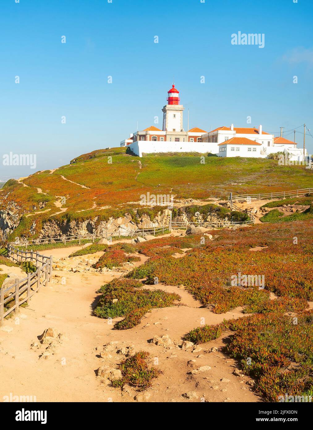 Sunshine seascpe with Cabo da Roca lighthouse view, Portugal Stock Photo