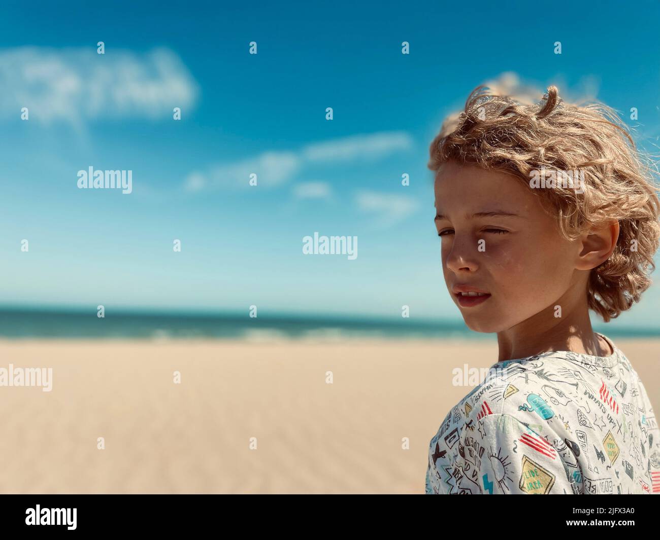 A portrait of a young blond boy with a sea and blue sky on the horizon ...