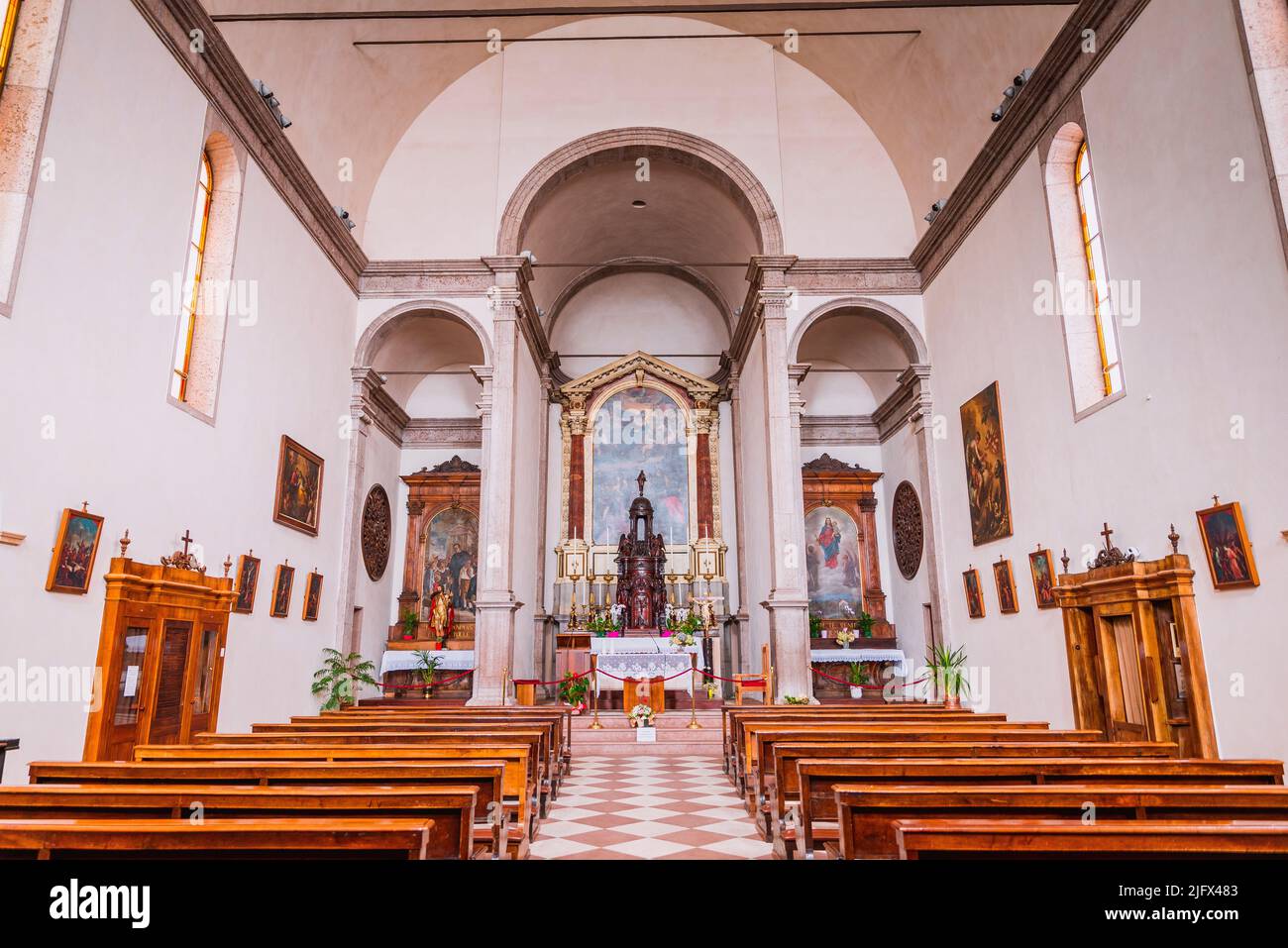 Interior. The Renaissance church of San Rocco in Martiri Square - Piazza dei Martiri - Martyrs square. Belluno, Veneto, Italy, Europe. Stock Photo