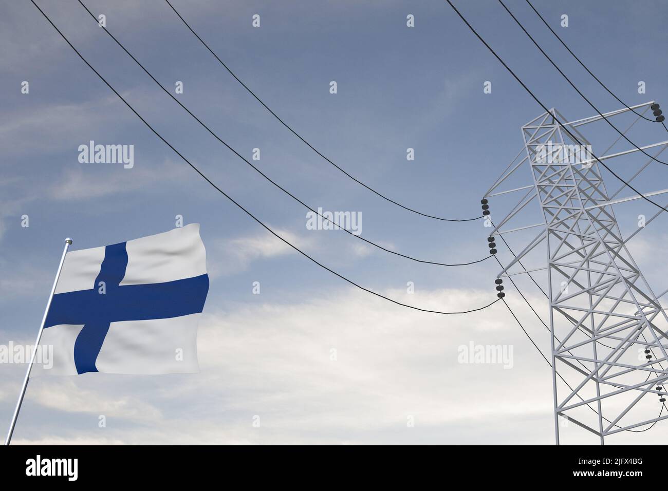 Electricity consumption and production in countries with the flag of Finland 3D render. Stock Photo