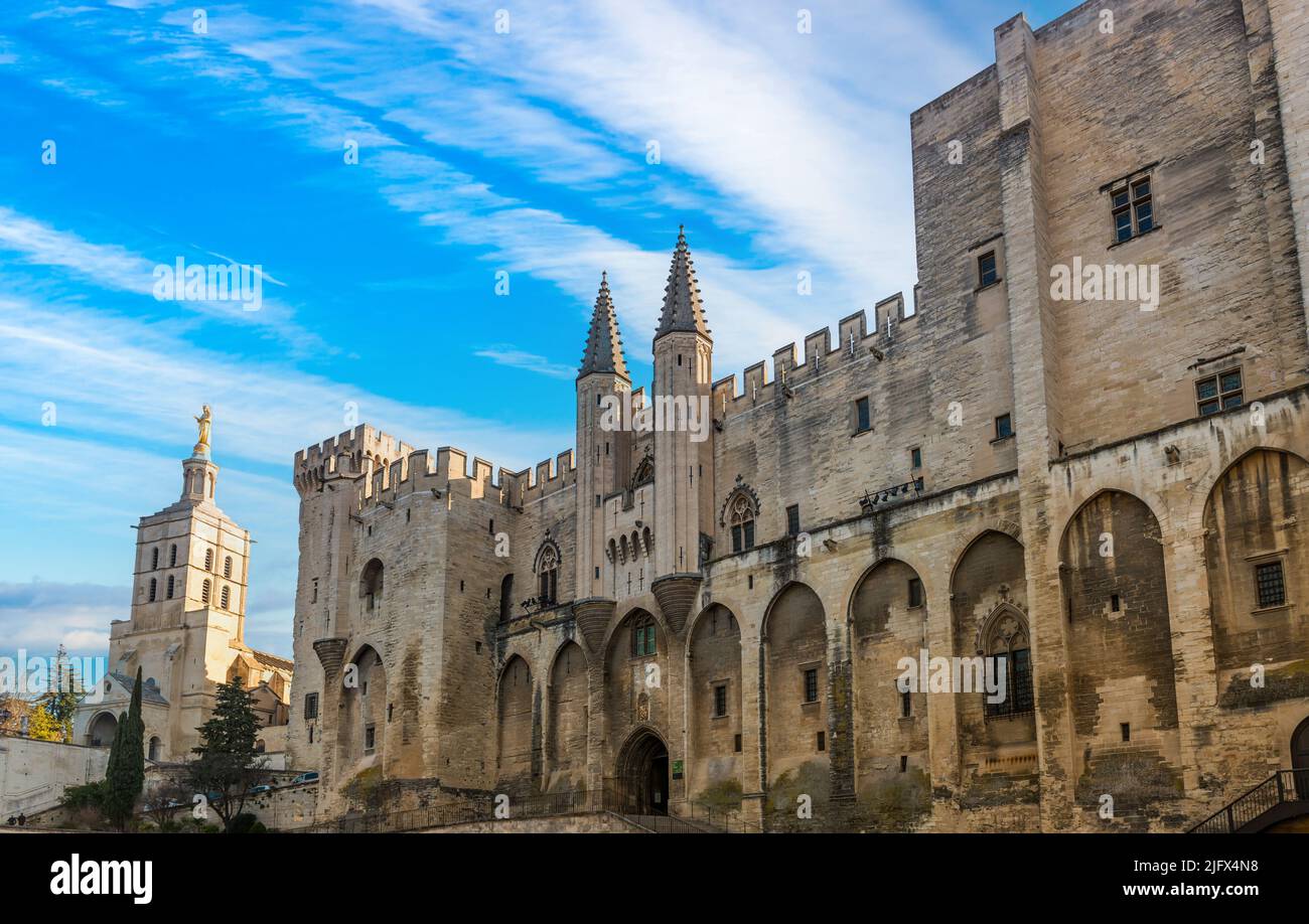 Palace of the Popes in winter, in Avignon, Provence, France Stock Photo