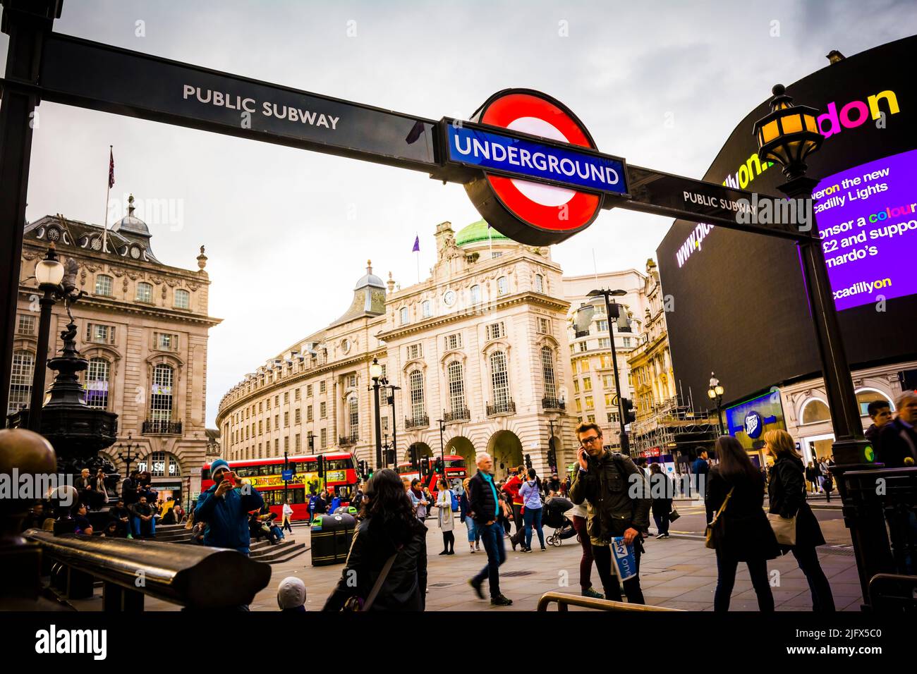 Picadilly Circus, London Underground Station. Piccadilly Circus is a road junction and public space of London's West End in the City of Westminster. I Stock Photo