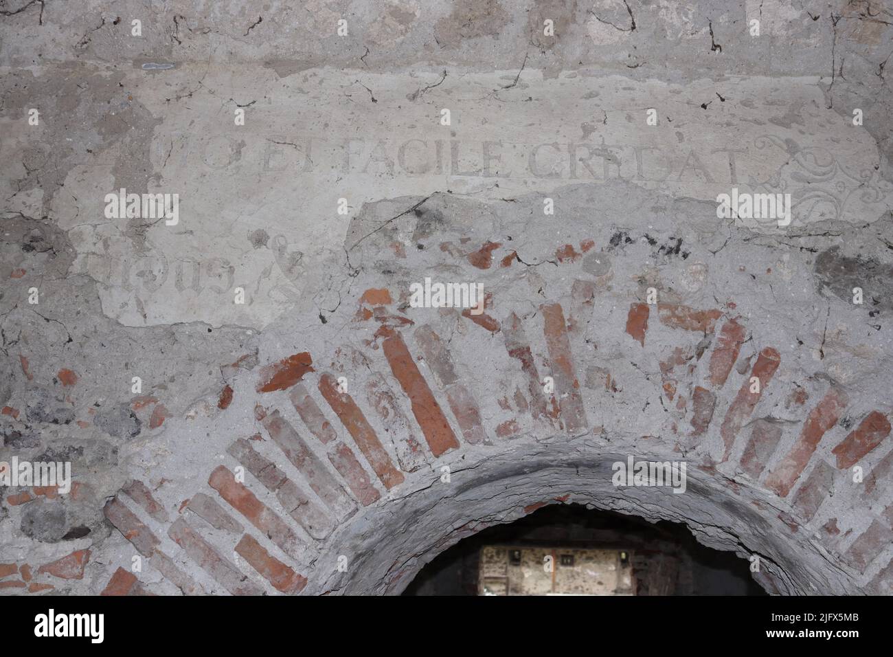 Registration of a message found on the unyul between the defamed walls that is located in Sukosd Bethlen castle Stock Photo