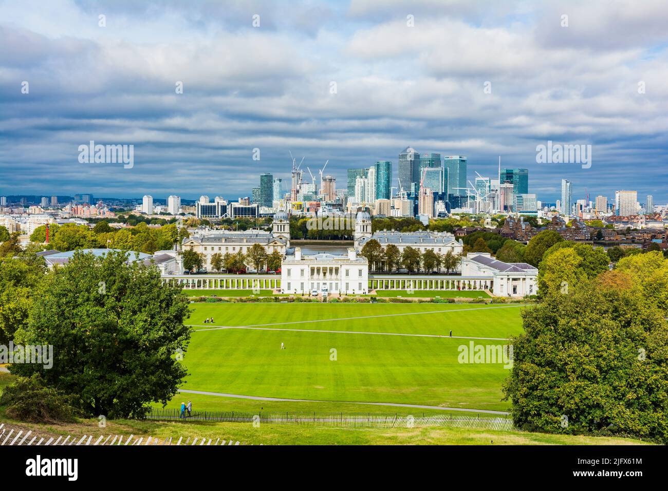 View of Canary Wharf from Greenwich Park. Greenwich, Greater London, London, England, UK, Europe Stock Photo