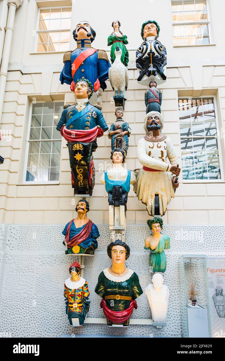 Collection of figureheads. The National Maritime Museum, NMM, is a maritime museum in Greenwich, London. It is part of Royal Museums Greenwich, a netw Stock Photo