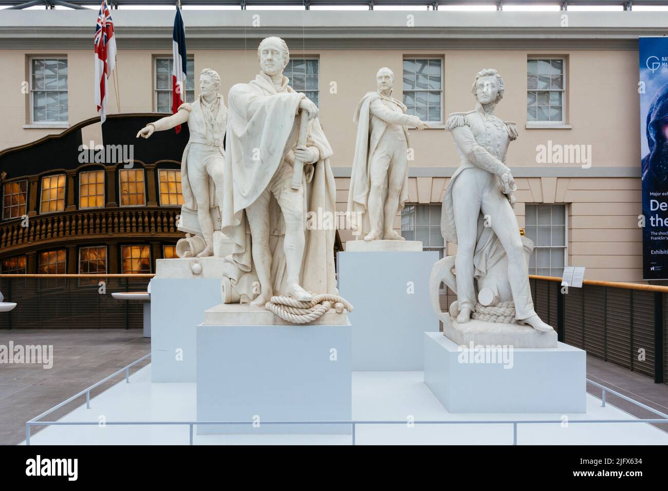 Statues of illustrious British sailors. The National Maritime Museum, NMM, is a maritime museum in Greenwich, London. It is part of Royal Museums Gree Stock Photo