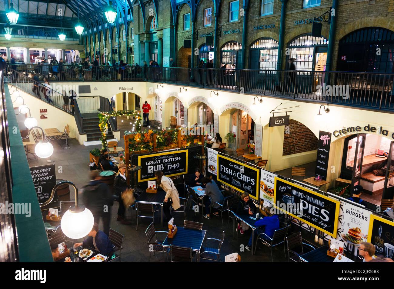 Restaurants and cafes inside Covent Garden Market. London, United