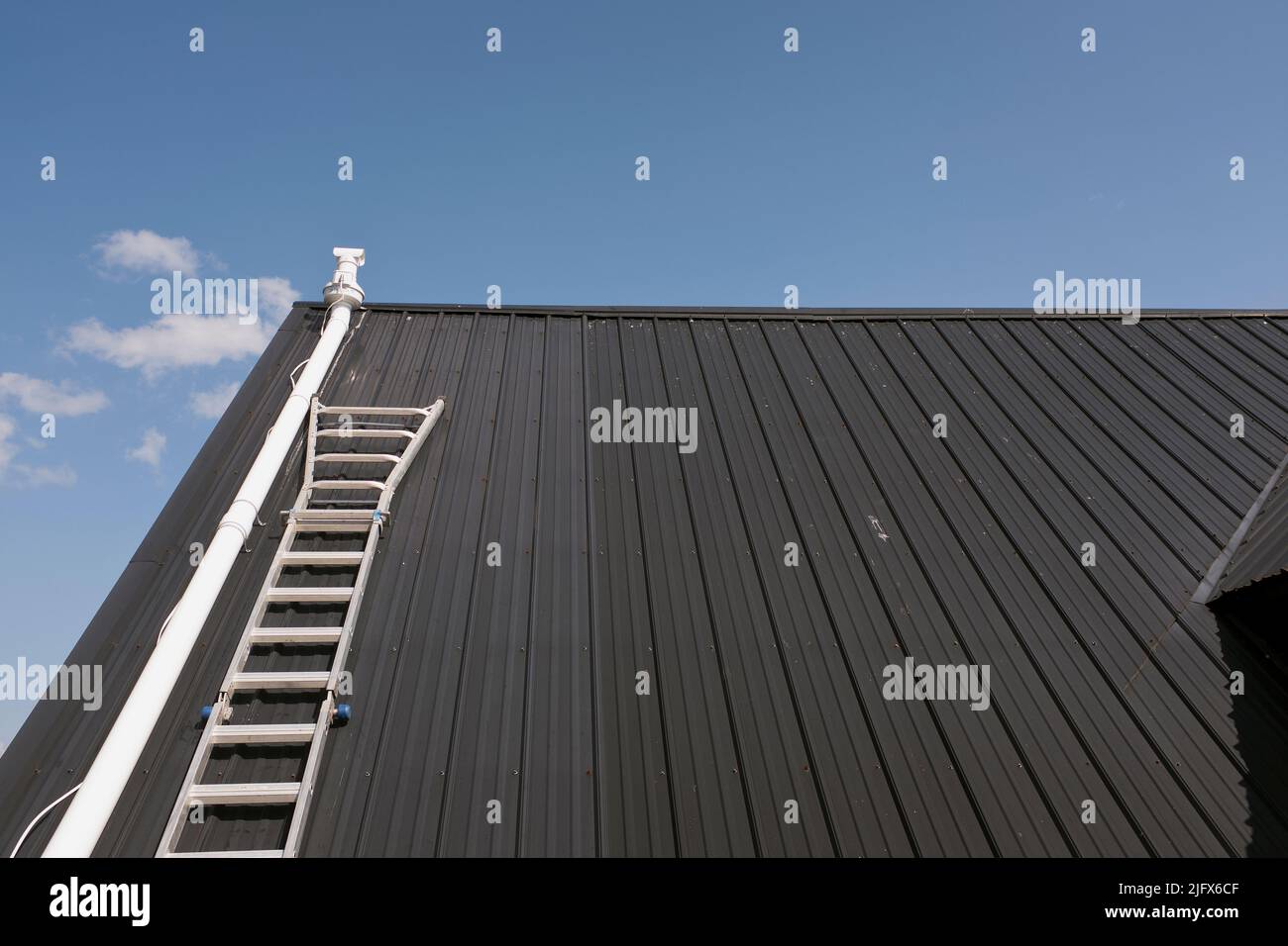 White ladder on Black Metal Roof Stock Photo