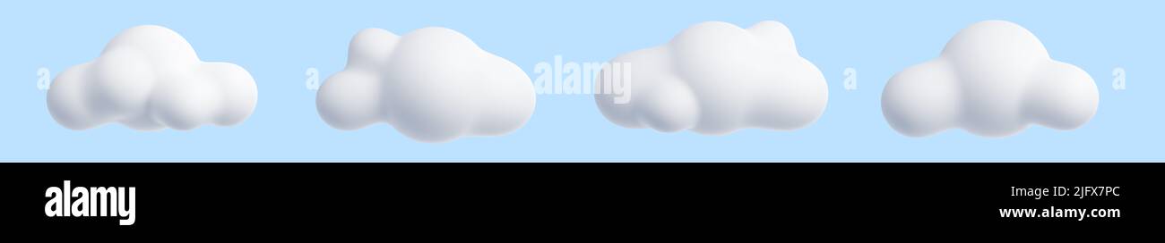 White cloud cartoon 3d render set - soft fluffy round-shaped clouds on blue pastel background. Stock Photo