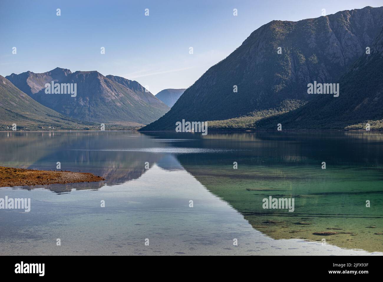 Landscape with sea and mountains, Nordland County, Norway Stock Photo