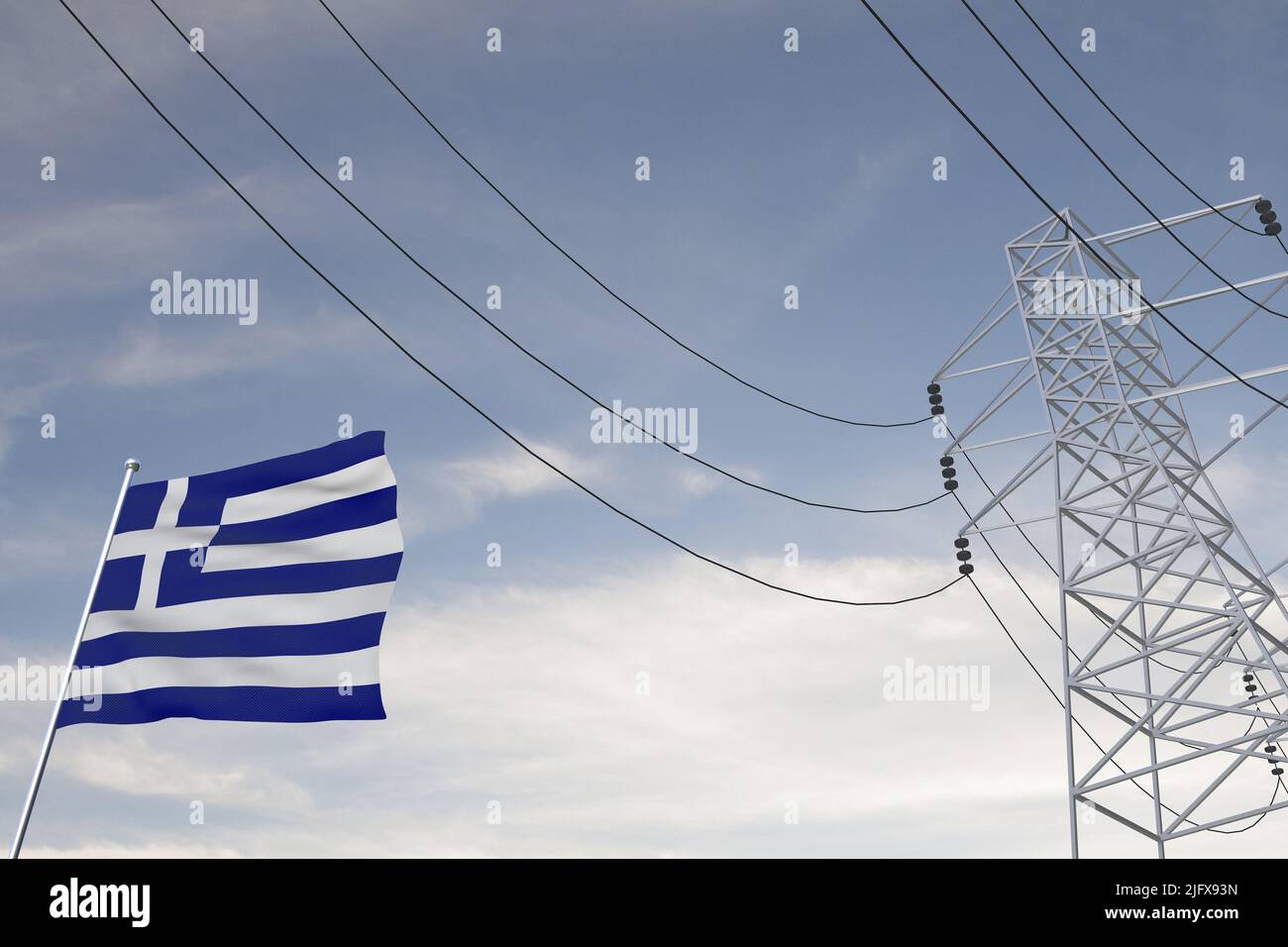 Electricity consumption and production in countries with the flag of Greece 3D render. Stock Photo