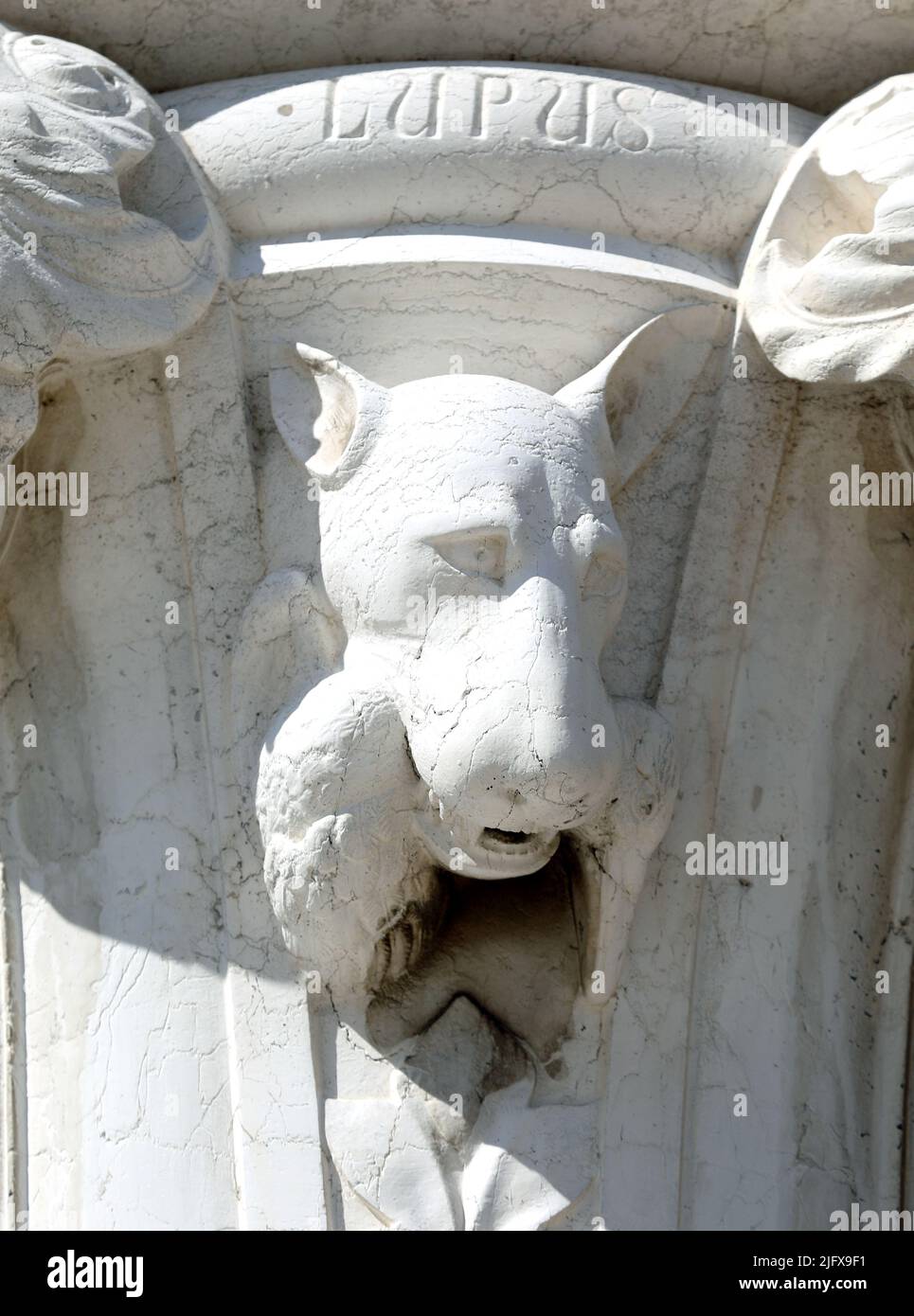Venice ve italy july 13 2020 statue of muzzle of wolf with text