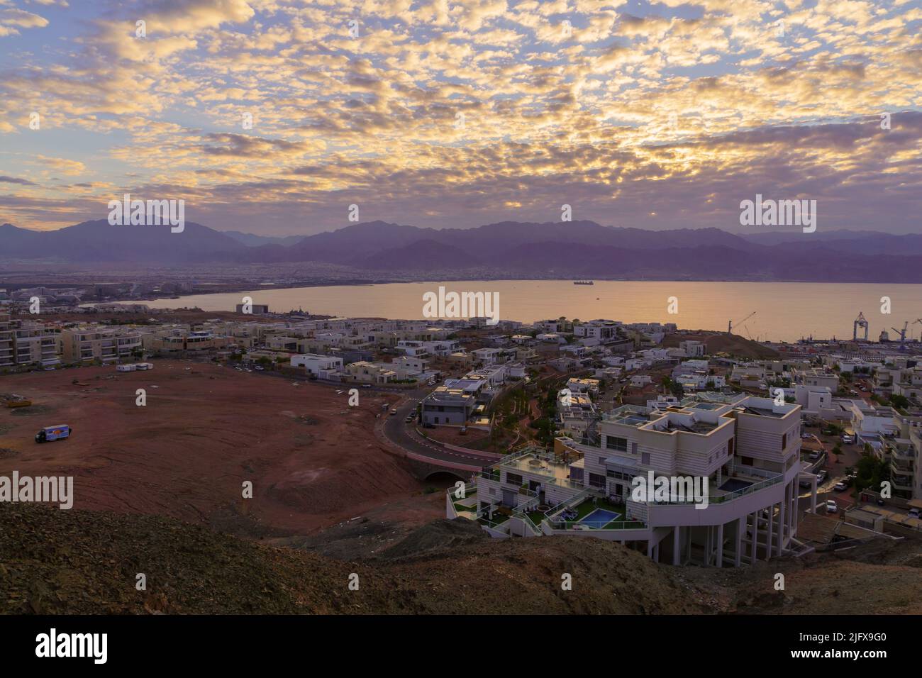 Winter sunrise view of Eilat (southern Israel), Aqaba (Jordan) and the Gulf of Aqaba Stock Photo