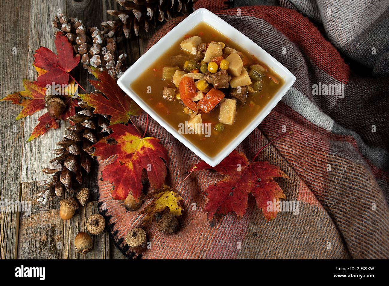 Beef vegetable soup in a square white bowl on a soft blanket with autumn leaves, pine cones, and acorns Stock Photo