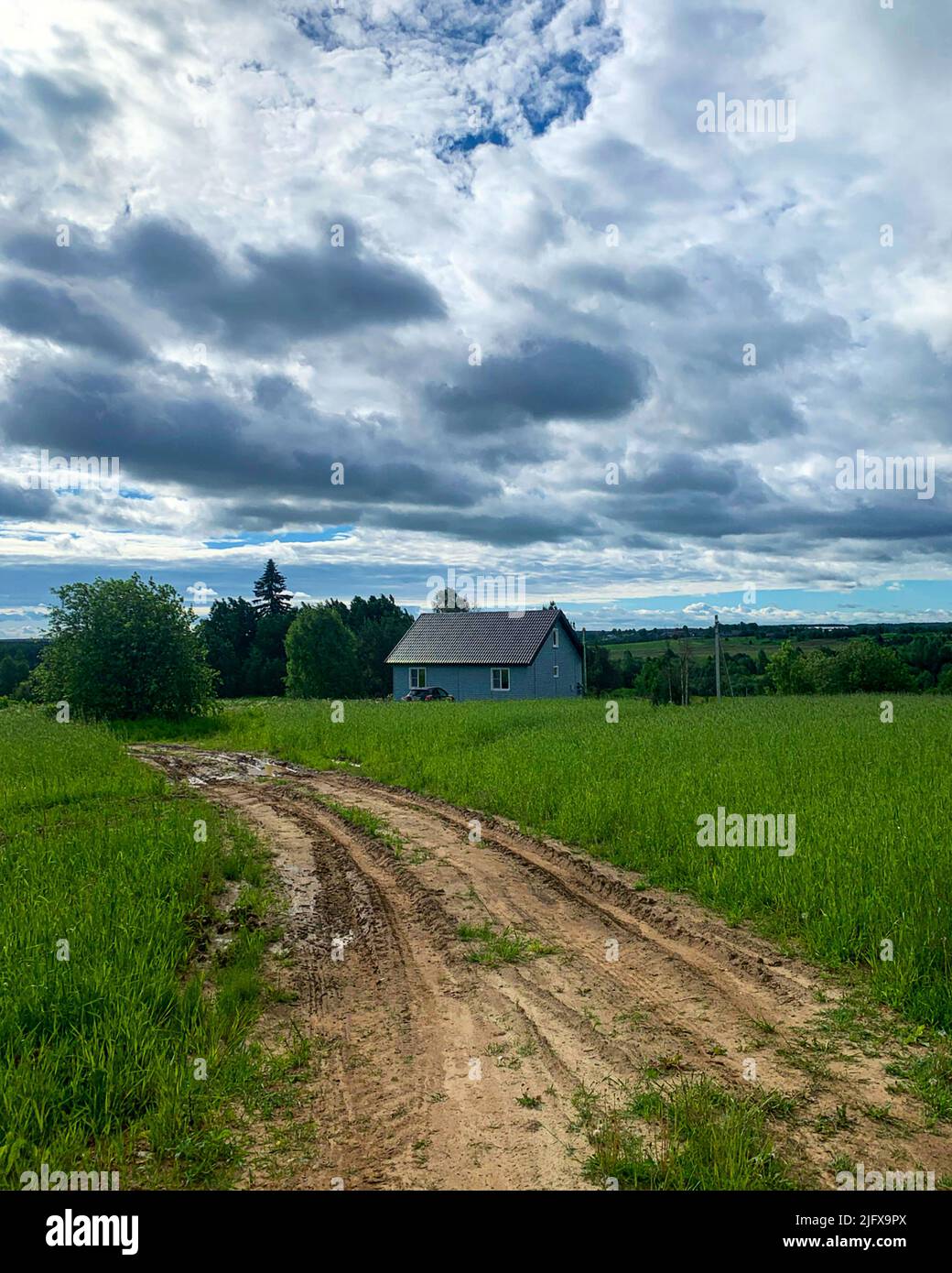 Country road along green fields leading to house. Blue sky white clouds natural landscape background Stock Photo