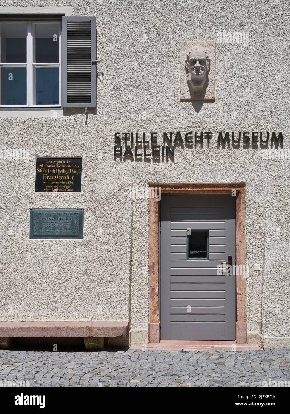 The front of the museum with plaques by Franz Gruber, composer of the song Silent Night, Hallein, Austria Stock Photo