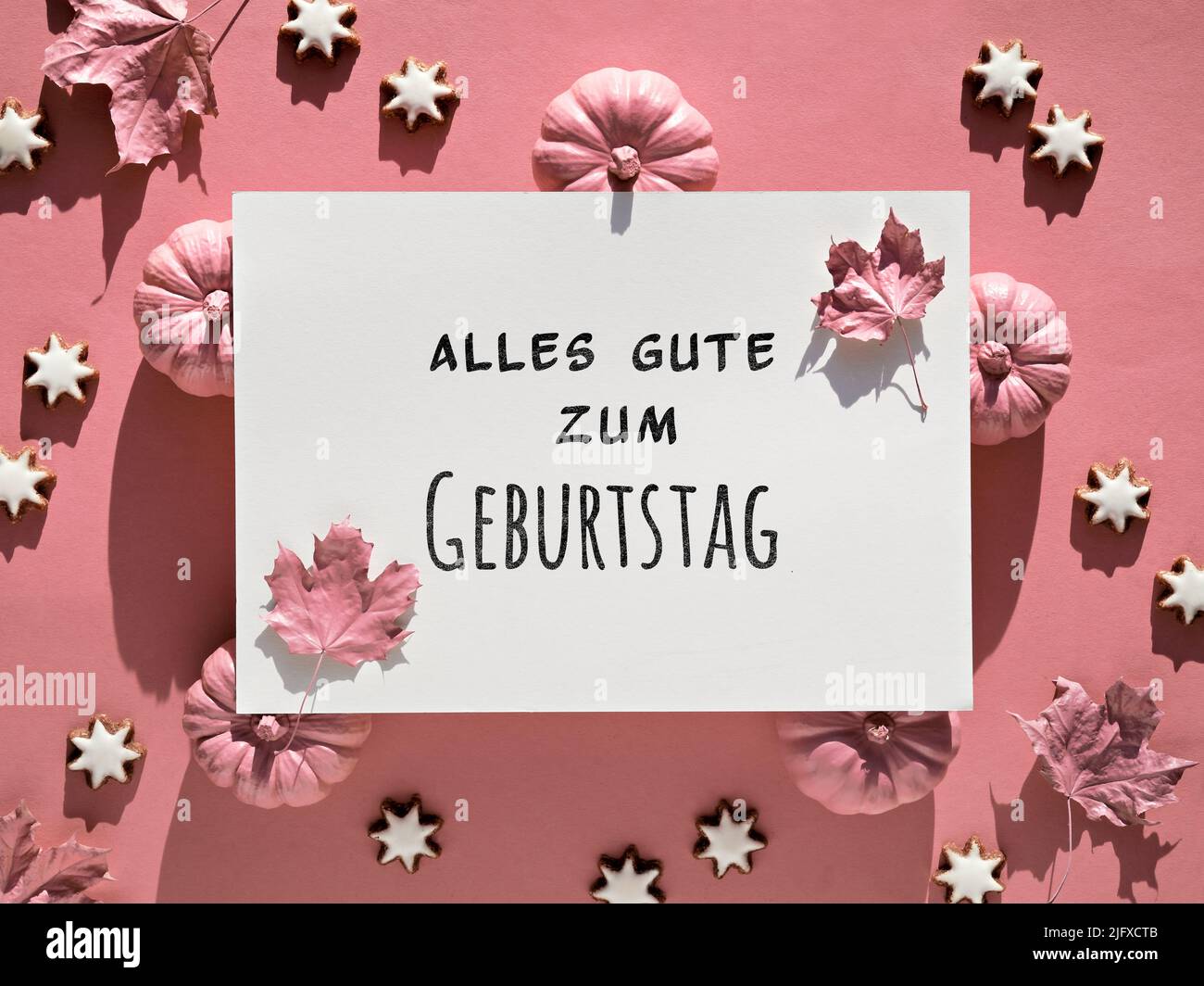 Pink Autumn birthday card. Text Alles Gute zum Geburtstag in German