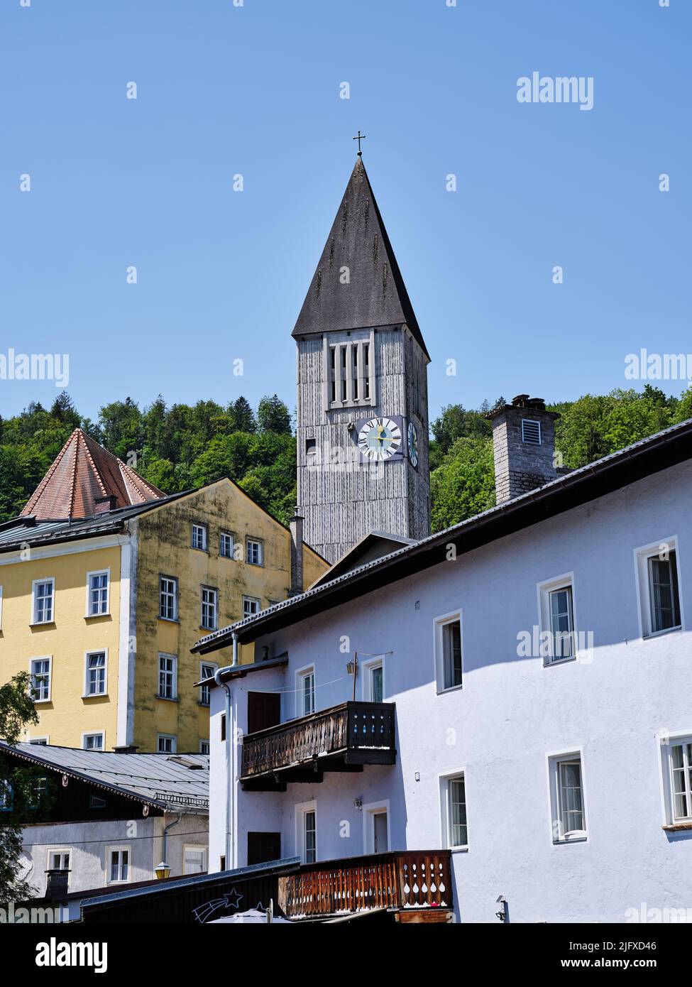 Houses and church tower in Hallein, Austria Stock Photo