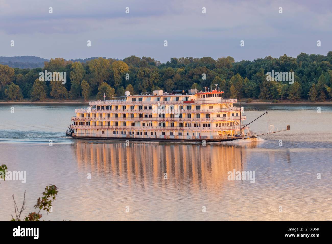 63807-01408 Queen of the Mississippi boat on Ohio River at sunset near Cave-in-Rock IL Stock Photo