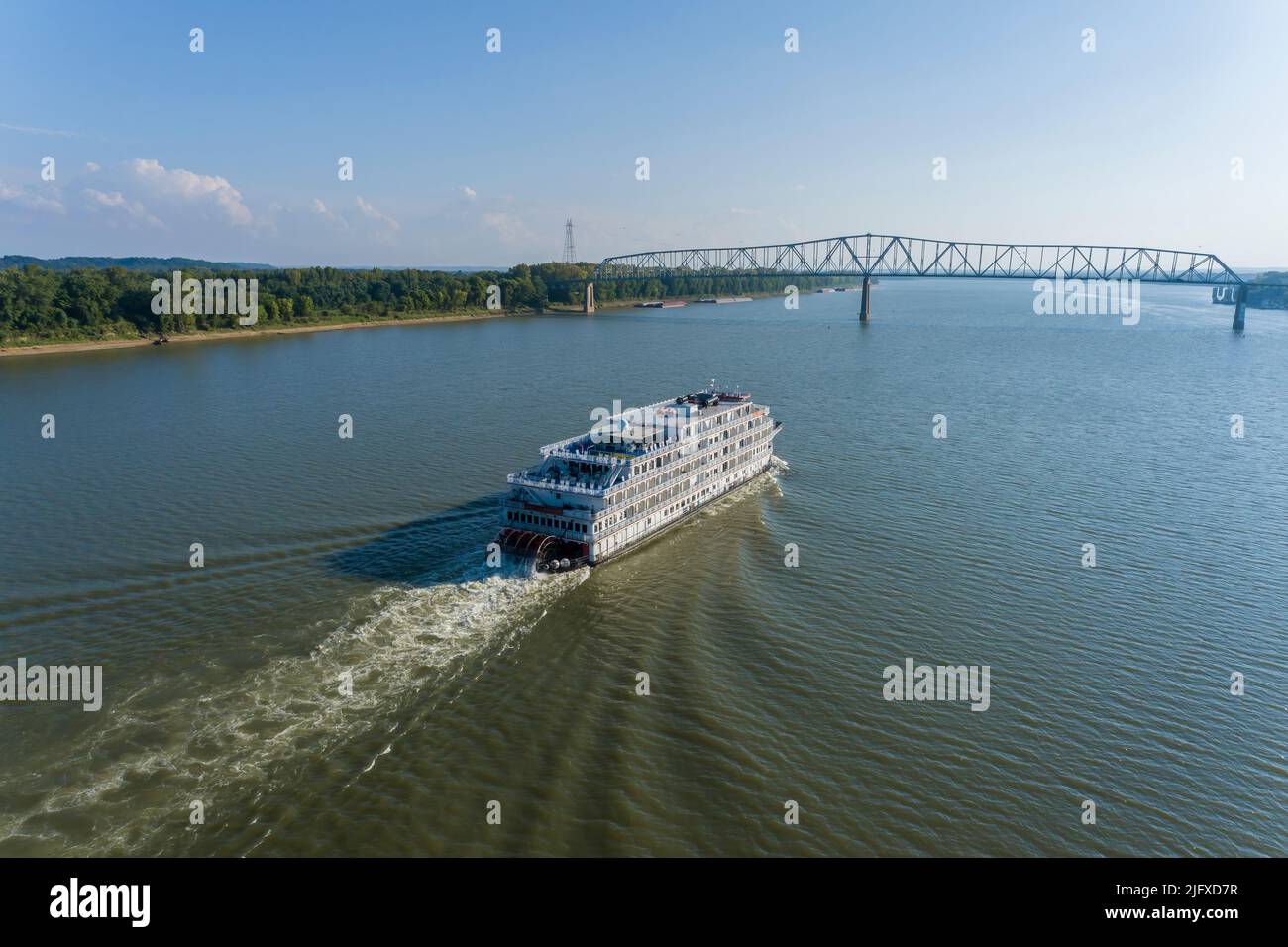 63807-01605 Aerial of the Queen of the Mississippi boat on Ohio River near Old Shawneetown IL Stock Photo
