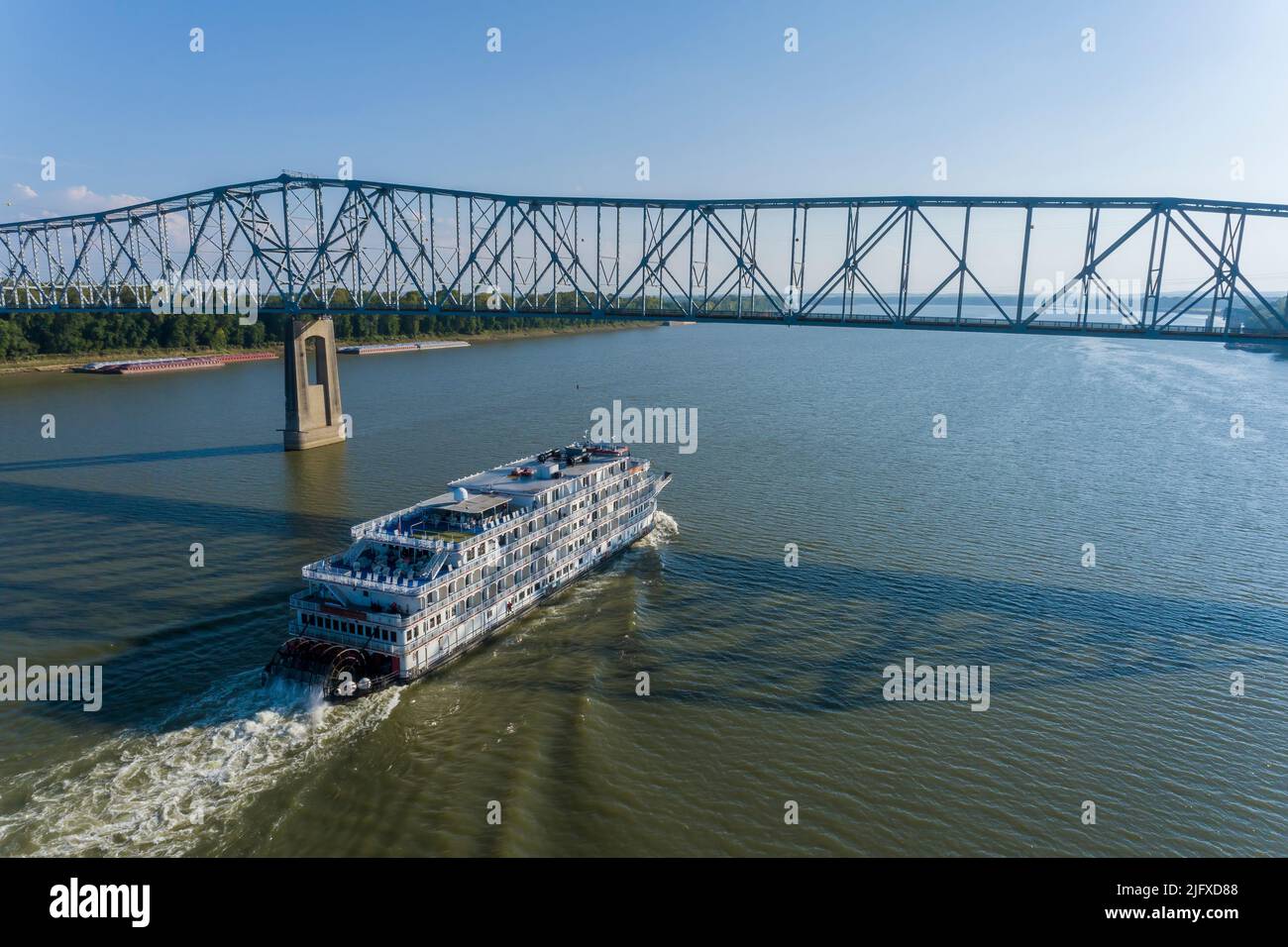 63807-01609 Aerial of the Queen of the Mississippi boat on Ohio River near Old Shawneetown IL Stock Photo